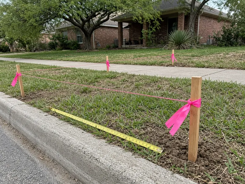 Stakes and pink string line marking a planned approach across a parkway, Abilene, TX