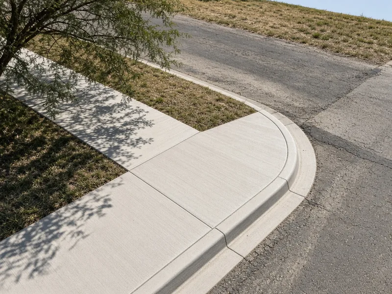 New concrete approach with a curved curb and gutter transition at the street