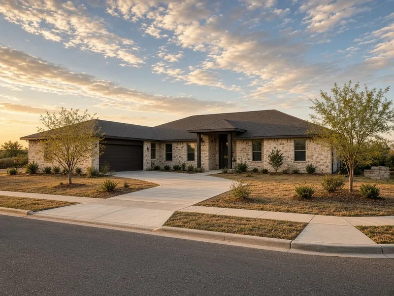 Finished approach and sidewalk in front of a limestone ranch home at golden hour