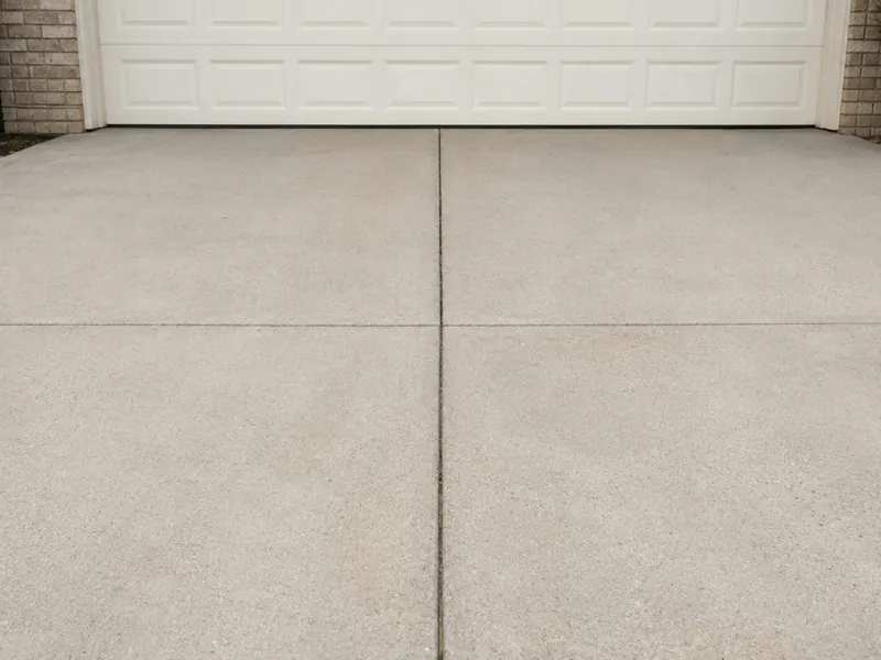 Light-gray concrete driveway in front of a white garage door, divided by straight control joints