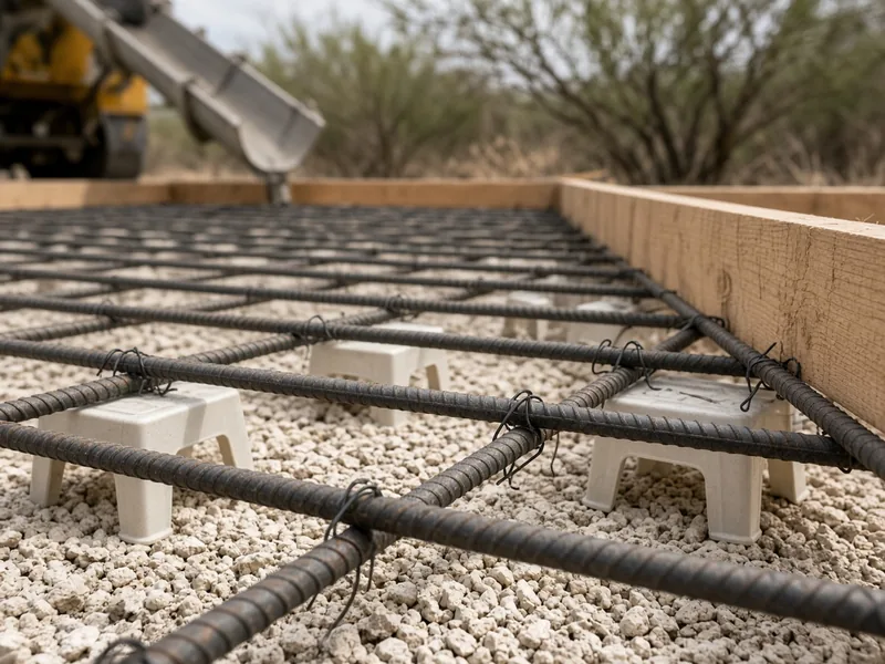 Rebar tied on plastic chairs over crushed limestone base before a pour