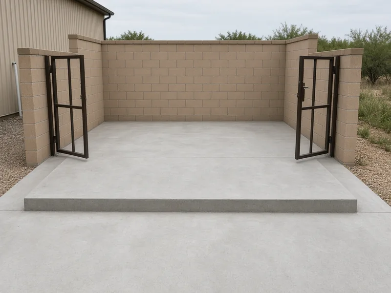 Thick concrete dumpster pad and apron inside a masonry enclosure