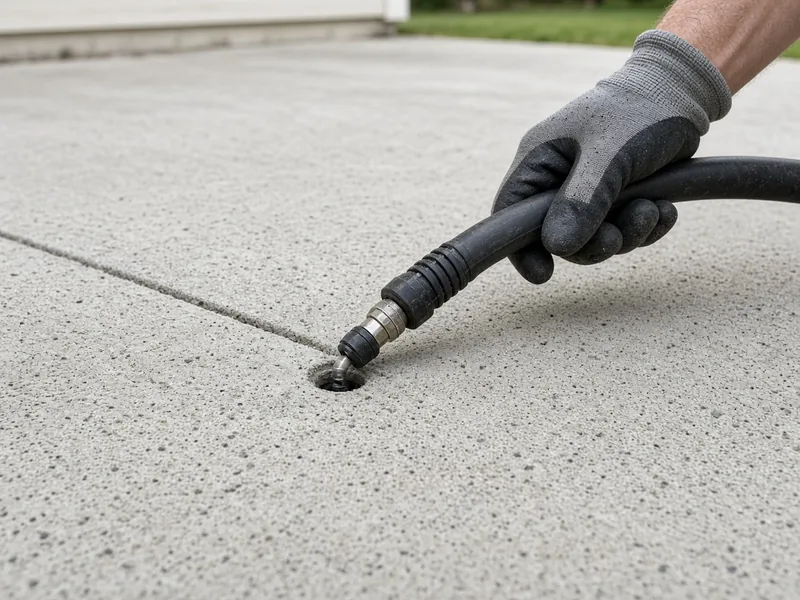 Gloved hand holding an injection hose at a port drilled in a driveway slab