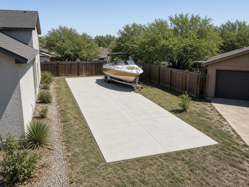 New concrete RV pad in a side yard with a boat on a trailer, set back from the fence