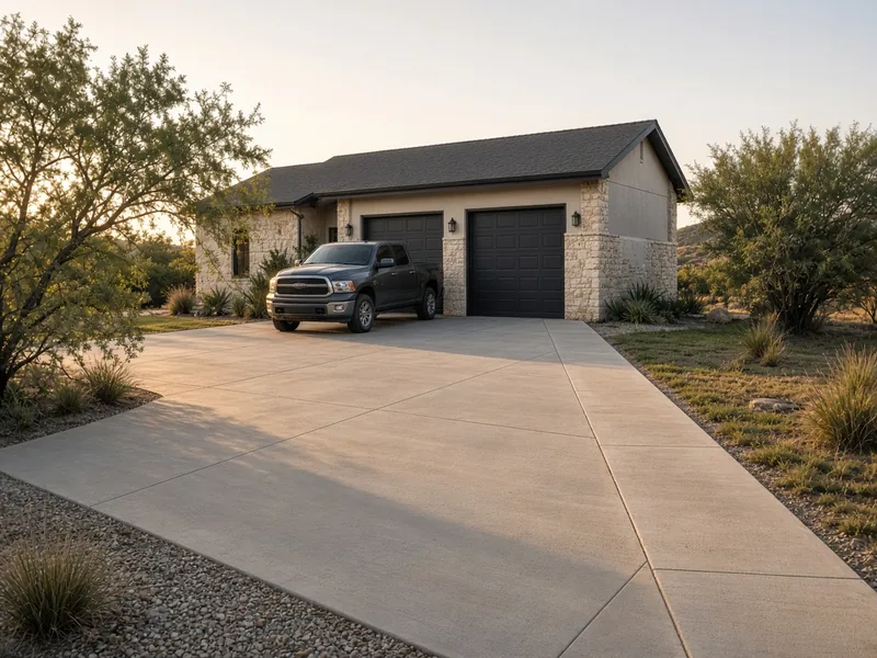 Detached stone garage with a new concrete driveway and pad at sunset
