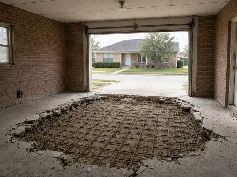 Cracked garage floor broken out to the base with new rebar ready for replacement, Abilene, TX