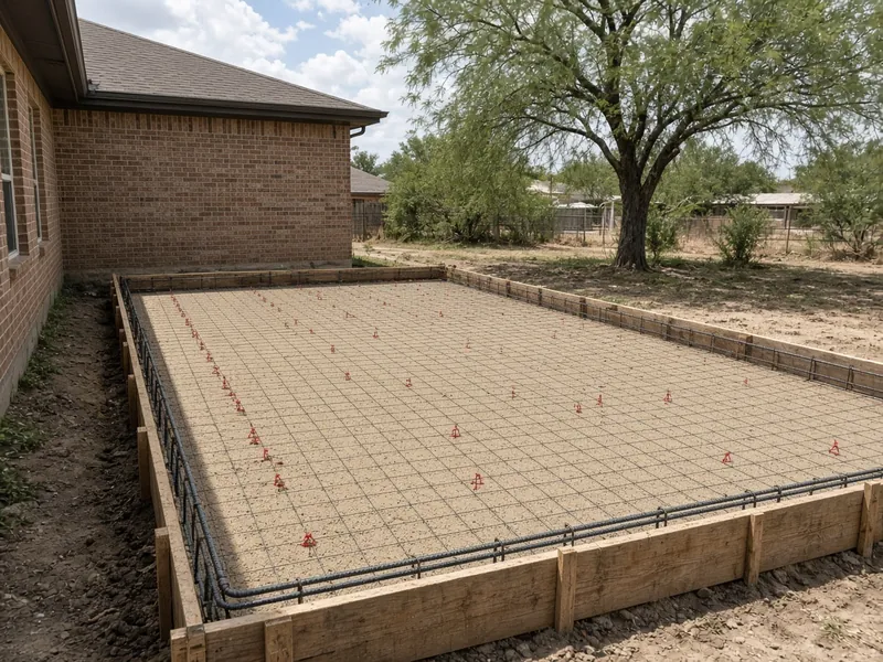Garage slab formed with a thickened rebar edge and wire mesh on supports, Abilene, TX