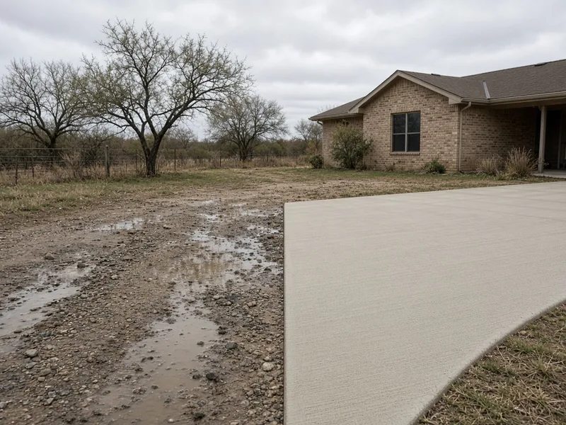 Rutted muddy gravel parking area next to a new broom-finish concrete pad
