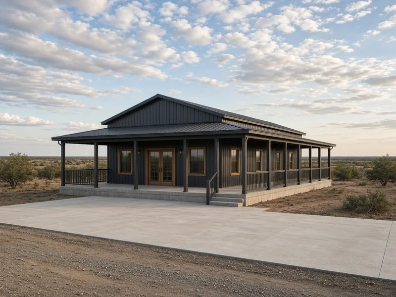 Dark metal barndominium with a wraparound porch on a new slab and apron, Abilene, TX