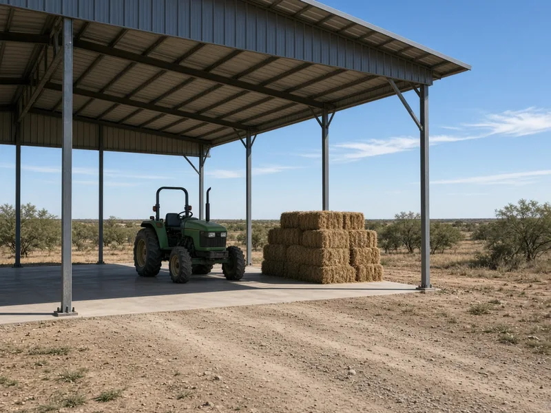 Open-sided steel equipment barn on a concrete slab with a tractor and hay, Abilene, TX