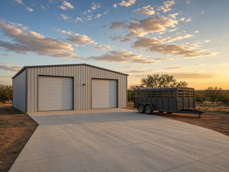 Finished metal shop with a wide concrete apron and a stock trailer at sunset