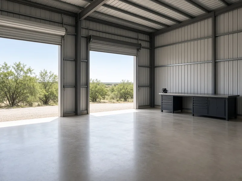 Inside a steel shop with a smooth concrete floor and two open roll-up doors, Abilene, TX
