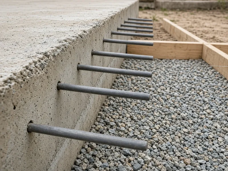 Close-up of dowel bars in the edge of an old patio slab before an extension pour