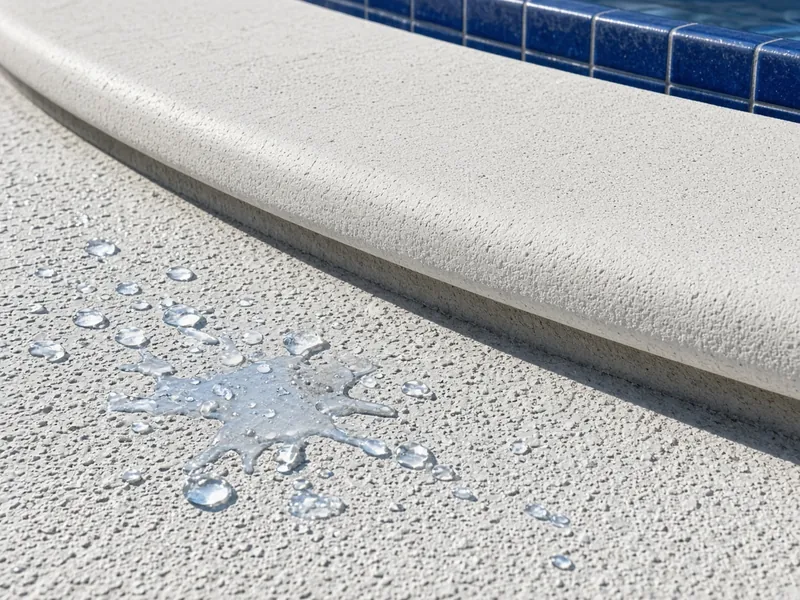 Knockdown texture deck beside rounded pool coping and waterline tile