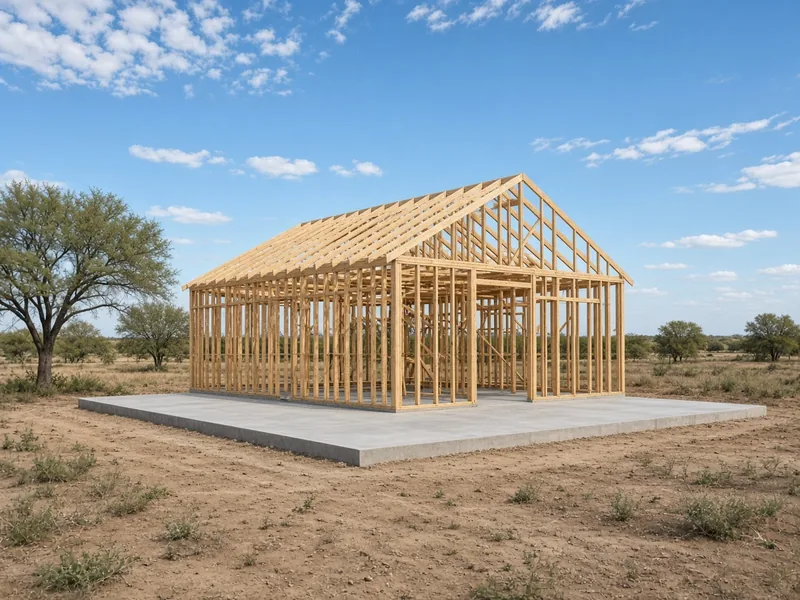 New house framing standing on a finished slab foundation on open land