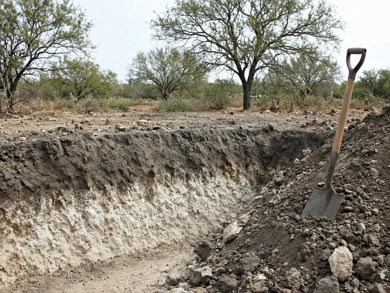 Excavation wall showing dark clay soil over pale caliche on a house lot, Abilene, TX