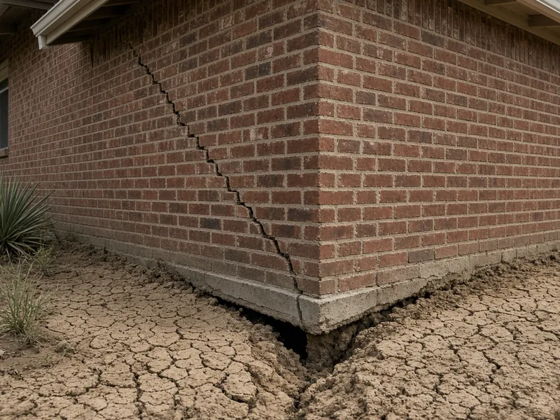 Stair-step brick crack and a dropped slab edge where dry clay pulled away from a house, Abilene, TX