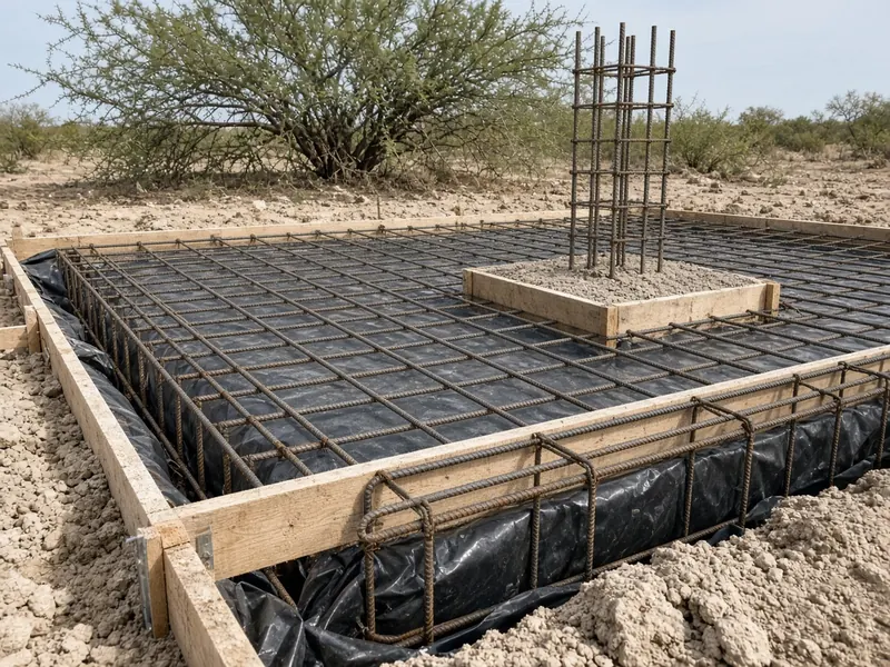 Thickened-edge trench and column pad rebar cage before a shop slab pour