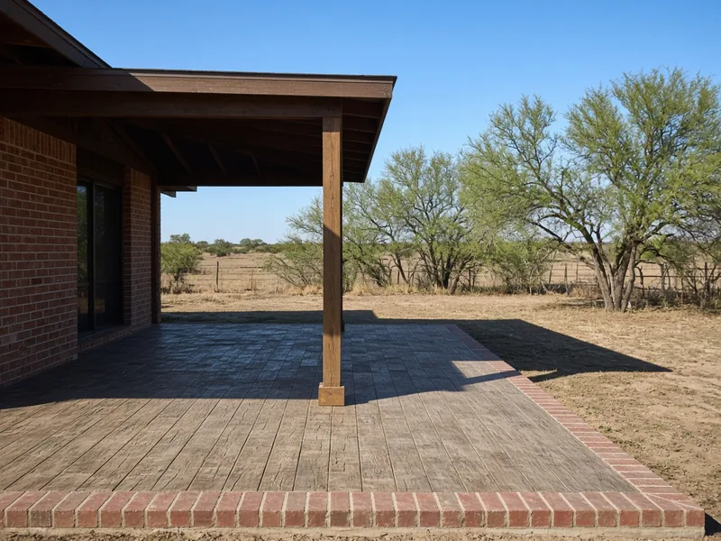 Wood-plank stamped concrete porch slab framed by a red brick-pattern border, Abilene, TX