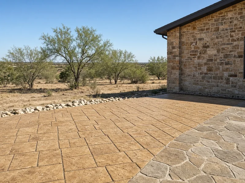 Ashlar-pattern stamped concrete patio meeting a random flagstone section beside a stone ranch home, Abilene, TX