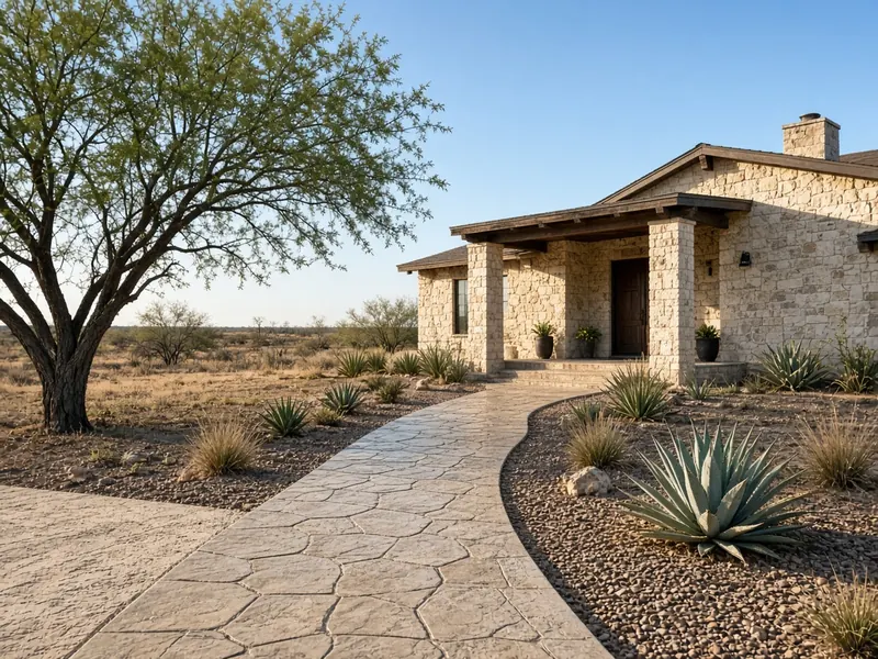 Stamped stone-pattern front walk curving to a limestone ranch home porch