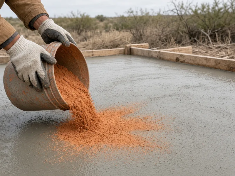 Gloved hands broadcasting terracotta color hardener onto fresh concrete, Abilene, TX