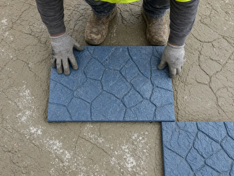Gloved hands setting blue stone-texture stamping mats on fresh concrete