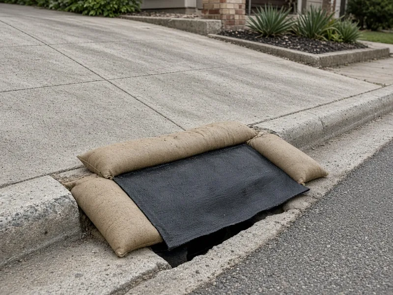 Curb storm drain inlet covered with a containment mat and sandbags