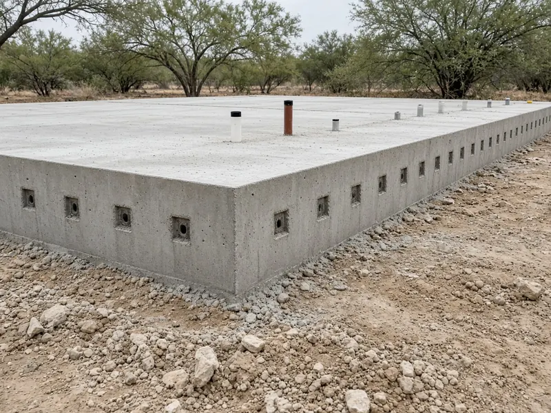 Finished post-tension slab edge with grouted anchor pockets along the side
